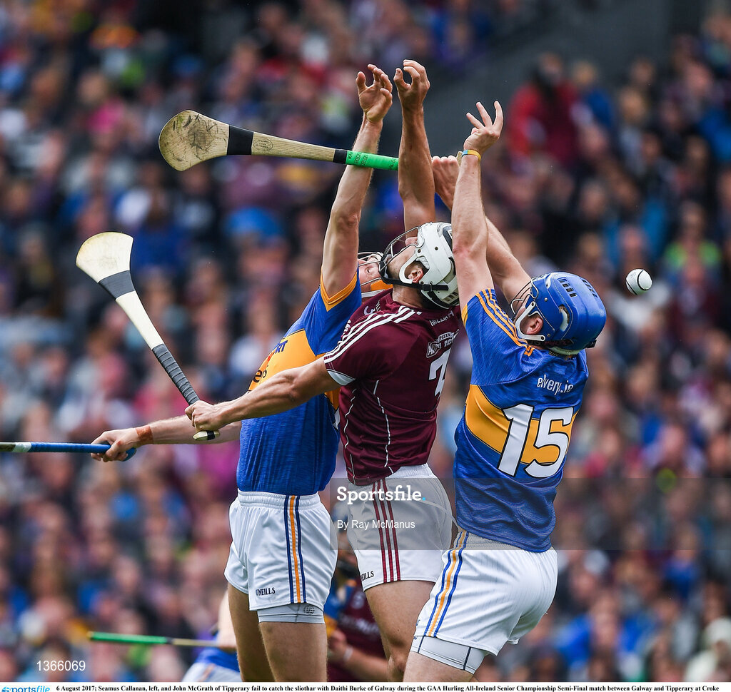 6 August 2017; Seamus Callanan, left, and John McGrath of Tipperary fail to catch the sliothar with Daithi Burke of Galway during the GAA Hurling All-Ireland Senior Championship Semi-Final match between Galway and Tipperary at Croke Park in Dublin. Photo by Ray McManus/Sportsfile