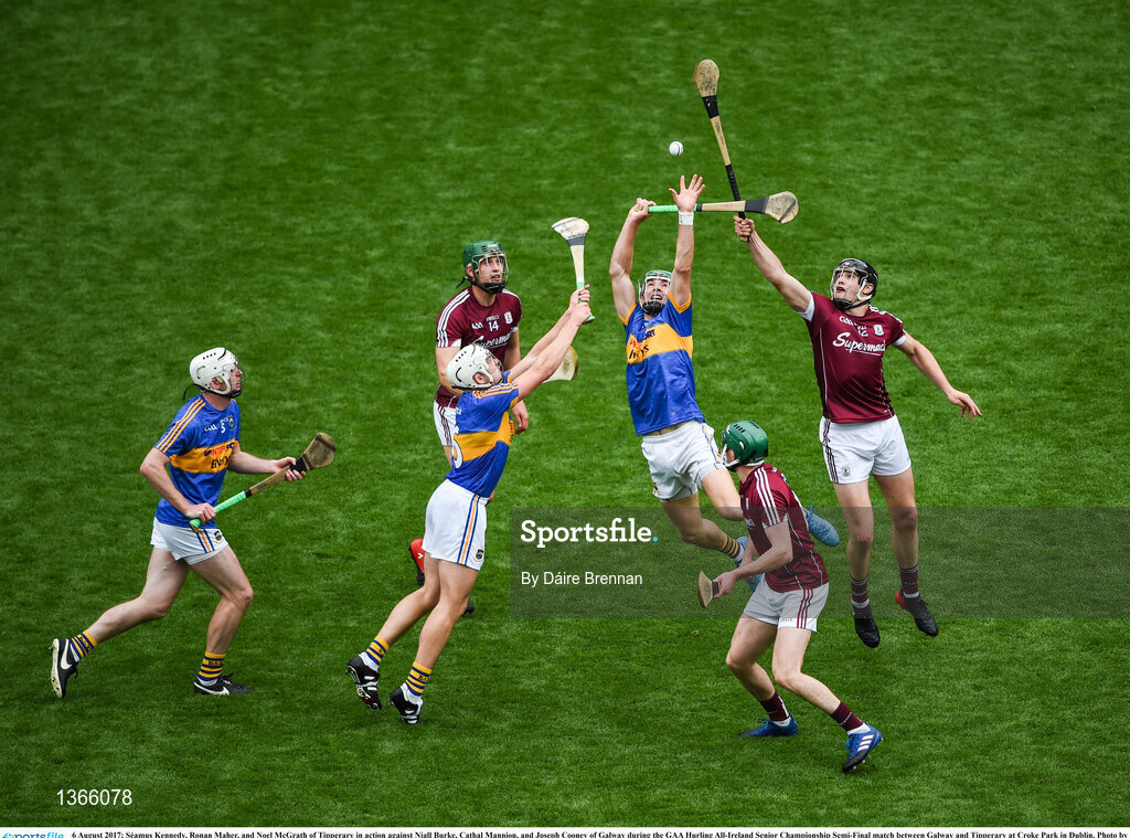 6 August 2017; Séamus Kennedy, Ronan Maher, and Noel McGrath of Tipperary in action against Niall Burke, Cathal Mannion, and Joseph Cooney of Galway during the GAA Hurling All-Ireland Senior Championship Semi-Final match between Galway and Tipperary at Croke Park in Dublin. Photo by Daire Brennan/Sportsfile