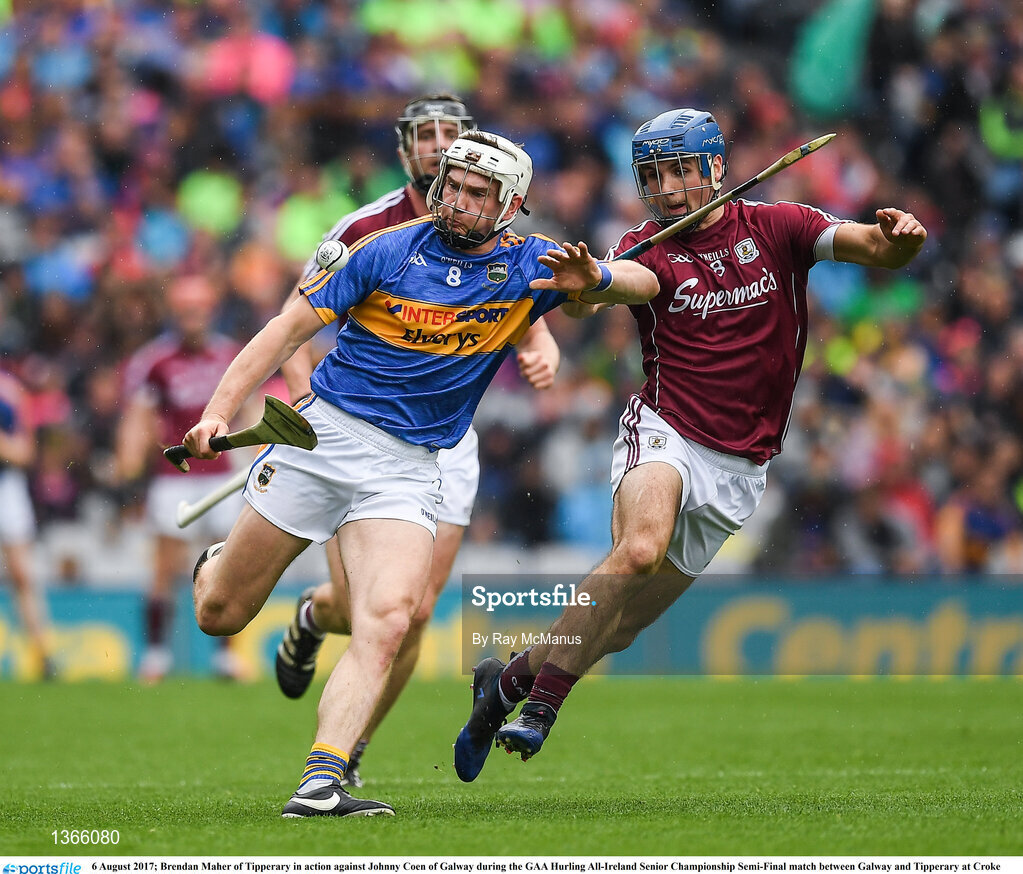 6 August 2017; Brendan Maher of Tipperary in action against Johnny Coen of Galway during the GAA Hurling All-Ireland Senior Championship Semi-Final match between Galway and Tipperary at Croke Park in Dublin. Photo by Ray McManus/Sportsfile