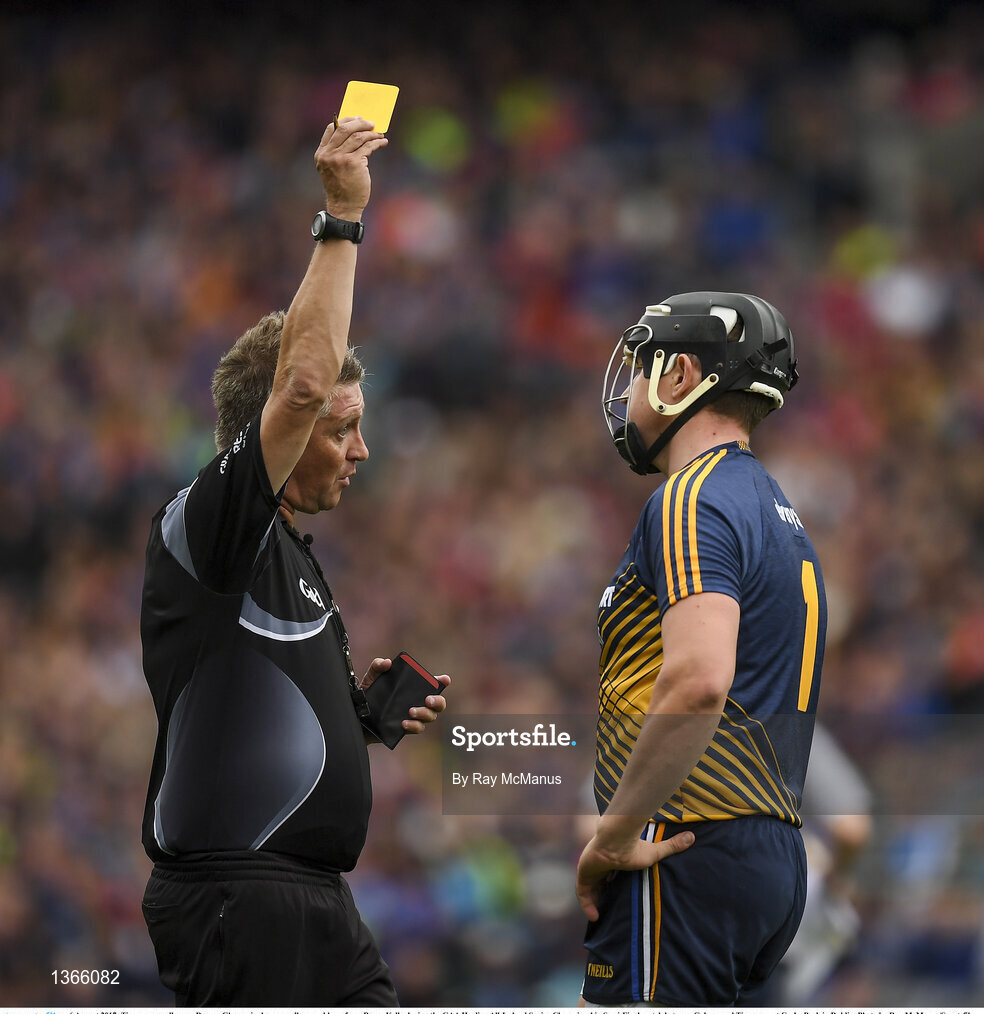 6 August 2017; Tipperary goalkeeper Darren Gleeson is shown a yellow card by referee Barry Kelly during the GAA Hurling All-Ireland Senior Championship Semi-Final match between Galway and Tipperary at Croke Park in Dublin. Photo by Ray McManus/Sportsfile