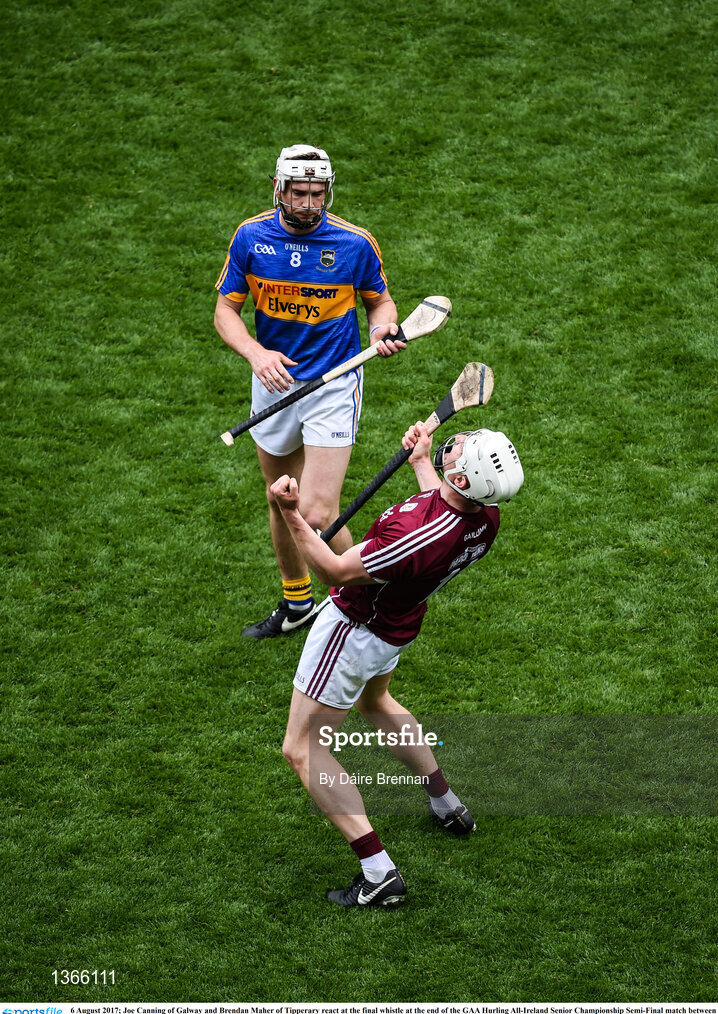 6 August 2017; Joe Canning of Galway and Brendan Maher of Tipperary react at the final whistle at the end of the GAA Hurling All-Ireland Senior Championship Semi-Final match between Galway and Tipperary at Croke Park in Dublin. Photo by Daire Brennan/Sportsfile