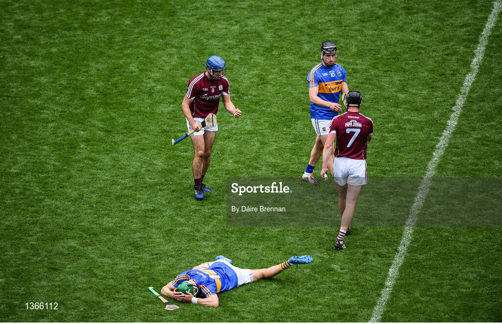 6 August 2017; Johnny Coen, left, and Aidan Harte of Galway, and Noel McGrath, left, and Dan McCormack of Tipperary react at the end of the GAA Hurling All-Ireland Senior Championship Semi-Final match between Galway and Tipperary at Croke Park in Dublin. Photo by Daire Brennan/Sportsfile