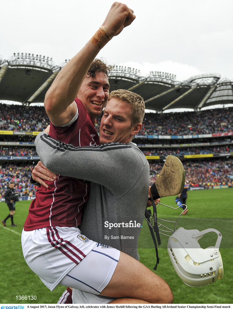 6 August 2017; Jason Flynn of Galway, left, celebrates with James Skehill following the GAA Hurling All-Ireland Senior Championship Semi-Final match between Galway and Tipperary at Croke Park in Dublin. Photo by Sam Barnes/Sportsfile