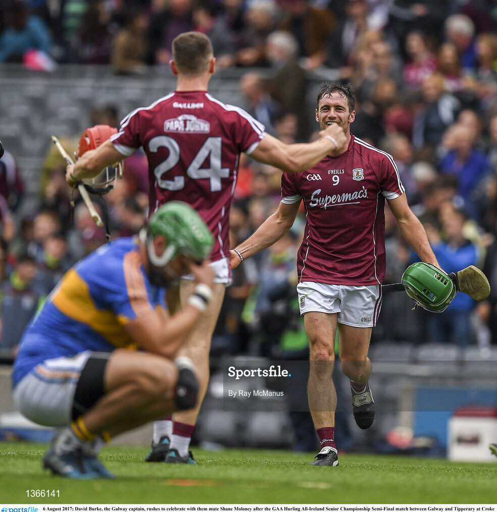 6 August 2017; David Burke, the Galway captain, rushes to celebrate with them mate Shane Moloney after the GAA Hurling All-Ireland Senior Championship Semi-Final match between Galway and Tipperary at Croke Park in Dublin. Photo by Ray McManus/Sportsfile