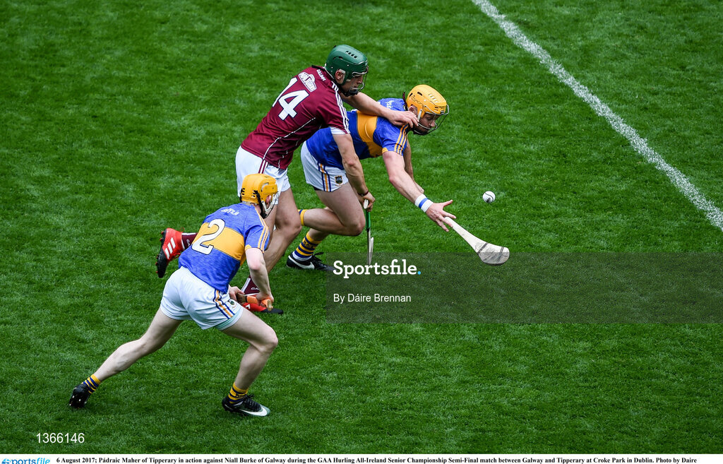 6 August 2017; Pádraic Maher of Tipperary in action against Niall Burke of Galway during the GAA Hurling All-Ireland Senior Championship Semi-Final match between Galway and Tipperary at Croke Park in Dublin. Photo by Daire Brennan/Sportsfile
