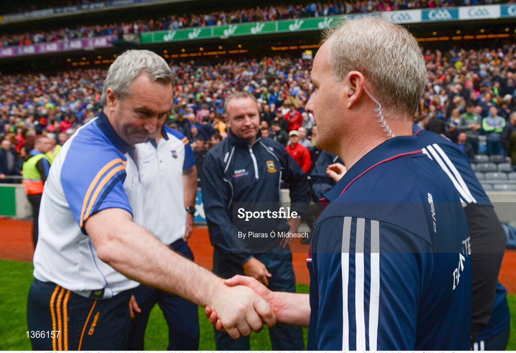 6 August 2017; Tipperary manager Michael Ryan, left, shakes hands with Galway manager Micheál Donoghue after the GAA Hurling All-Ireland Senior Championship Semi-Final match between Galway and Tipperary at Croke Park in Dublin. Photo by Piaras Ó Mídheach/Sportsfile