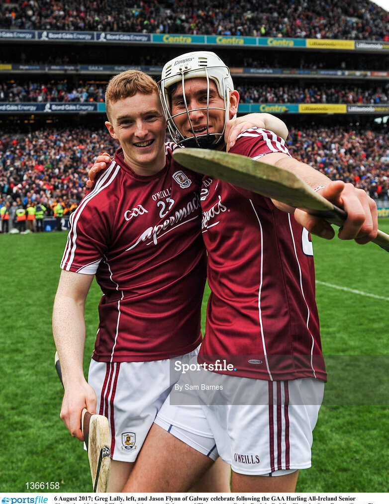6 August 2017; Greg Lally, left, and Jason Flynn of Galway celebrate following the GAA Hurling All-Ireland Senior Championship Semi-Final match between Galway and Tipperary at Croke Park in Dublin. Photo by Sam Barnes/Sportsfile