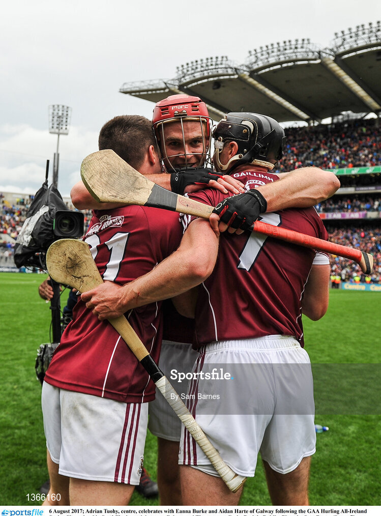 6 August 2017; Adrian Tuohy, centre, celebrates with Eanna Burke and Aidan Harte of Galway following the GAA Hurling All-Ireland Senior Championship Semi-Final match between Galway and Tipperary at Croke Park in Dublin. Photo by Sam Barnes/Sportsfile