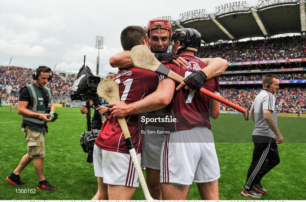 6 August 2017; Adrian Tuohy, centre, celebrates with Eanna Burke and Aidan Harte of Galway following the GAA Hurling All-Ireland Senior Championship Semi-Final match between Galway and Tipperary at Croke Park in Dublin. Photo by Sam Barnes/Sportsfile