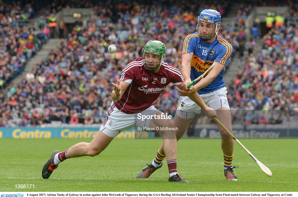 6 August 2017; Adrian Tuohy of Galway in action against John McGrath of Tipperary during the GAA Hurling All-Ireland Senior Championship Semi-Final match between Galway and Tipperary at Croke Park in Dublin. Photo by Piaras Ó Mídheach/Sportsfile