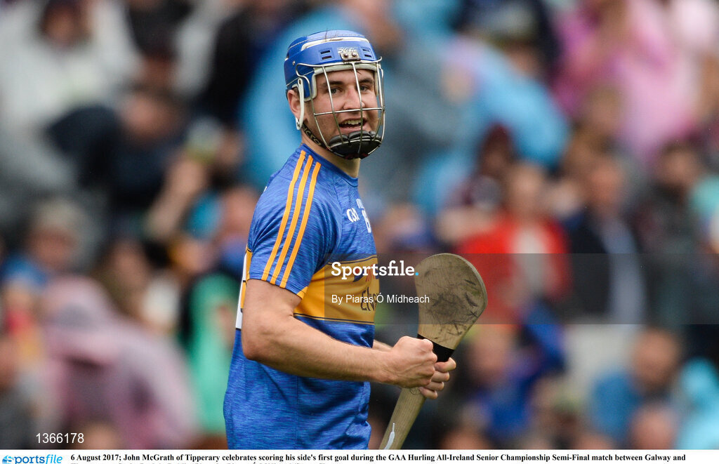 6 August 2017; John McGrath of Tipperary celebrates scoring his side's first goal during the GAA Hurling All-Ireland Senior Championship Semi-Final match between Galway and Tipperary at Croke Park in Dublin. Photo by Piaras Ó Mídheach/Sportsfile