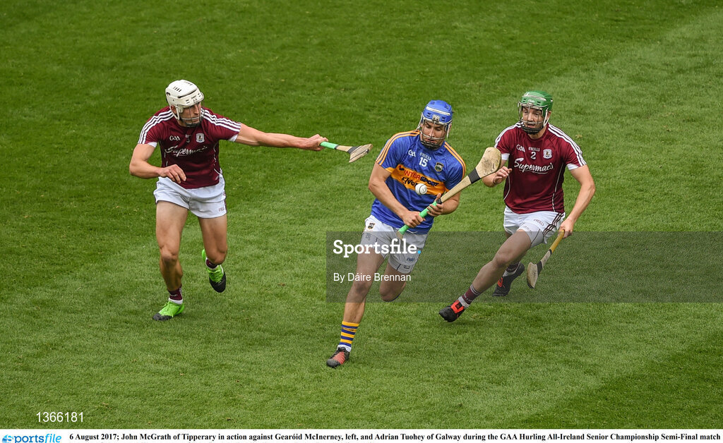6 August 2017; John McGrath of Tipperary in action against Gearóid McInerney, left, and Adrian Tuohey of Galway during the GAA Hurling All-Ireland Senior Championship Semi-Final match between Galway and Tipperary at Croke Park in Dublin. Photo by Daire Brennan/Sportsfile