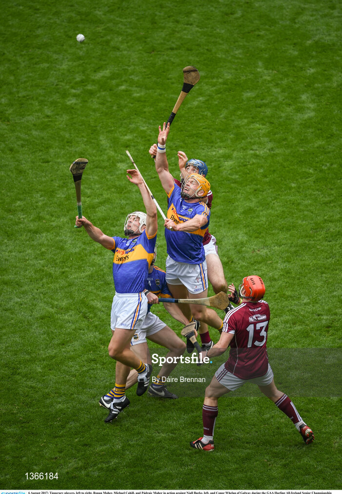 6 August 2017; Tipperary players, left to right, Ronan Maher, Michael Cahill, and Pádraic Maher in action against Niall Burke, left, and Conor Whelan of Galway during the GAA Hurling All-Ireland Senior Championship Semi-Final match between Galway and Tipperary at Croke Park in Dublin. Photo by Daire Brennan/Sportsfile