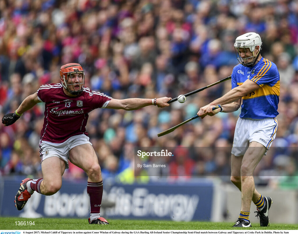 6 August 2017; Michael Cahill of Tipperary in action against Conor Whelan of Galway during the GAA Hurling All-Ireland Senior Championship Semi-Final match between Galway and Tipperary at Croke Park in Dublin. Photo by Sam Barnes/Sportsfile