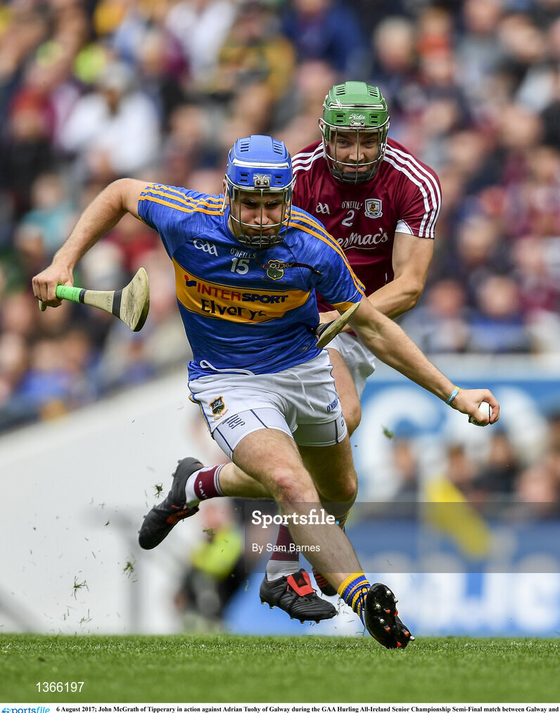 6 August 2017; John McGrath of Tipperary in action against Adrian Tuohy of Galway during the GAA Hurling All-Ireland Senior Championship Semi-Final match between Galway and Tipperary at Croke Park in Dublin. Photo by Sam Barnes/Sportsfile