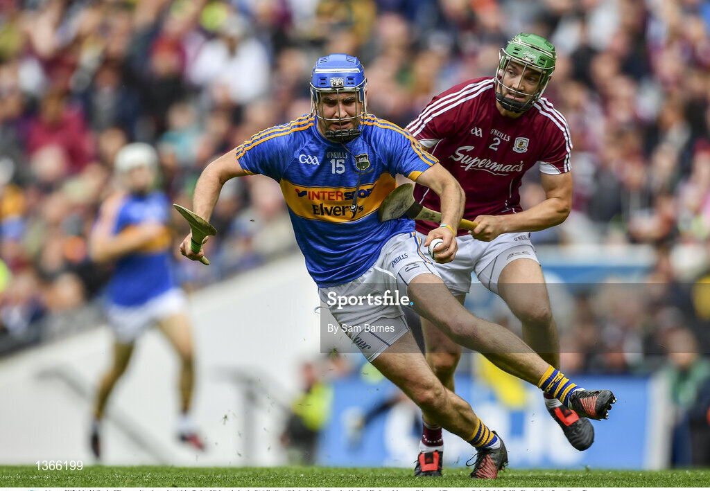 6 August 2017; John McGrath of Tipperary in action against Adrian Tuohy of Galway during the GAA Hurling All-Ireland Senior Championship Semi-Final match between Galway and Tipperary at Croke Park in Dublin. Photo by Sam Barnes/Sportsfile