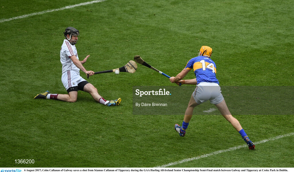 6 August 2017; Colm Callanan of Galway saves a shot from Séamus Callanan of Tipperary during the GAA Hurling All-Ireland Senior Championship Semi-Final match between Galway and Tipperary at Croke Park in Dublin. Photo by Daire Brennan/Sportsfile