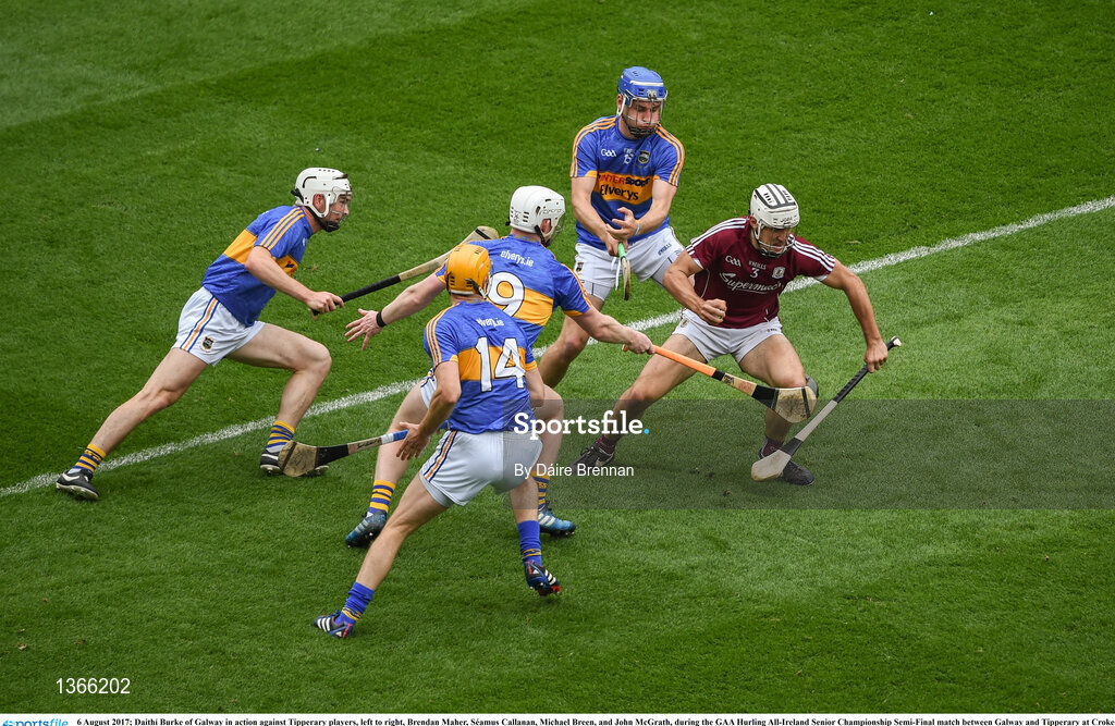 6 August 2017; Daithí Burke of Galway in action against Tipperary players, left to right, Brendan Maher, Séamus Callanan, Michael Breen, and John McGrath, during the GAA Hurling All-Ireland Senior Championship Semi-Final match between Galway and Tipperary at Croke Park in Dublin. Photo by Daire Brennan/Sportsfile