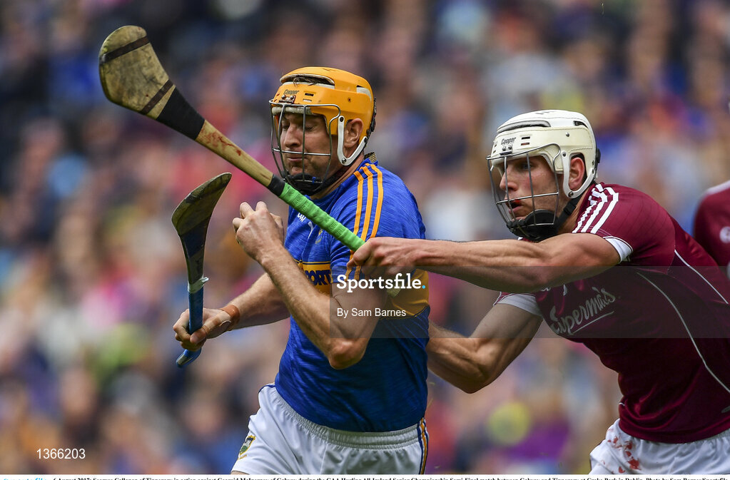 6 August 2017; Seamus Callanan of Tipperary in action against Gearoid McInerney of Galway during the GAA Hurling All-Ireland Senior Championship Semi-Final match between Galway and Tipperary at Croke Park in Dublin. Photo by Sam Barnes/Sportsfile