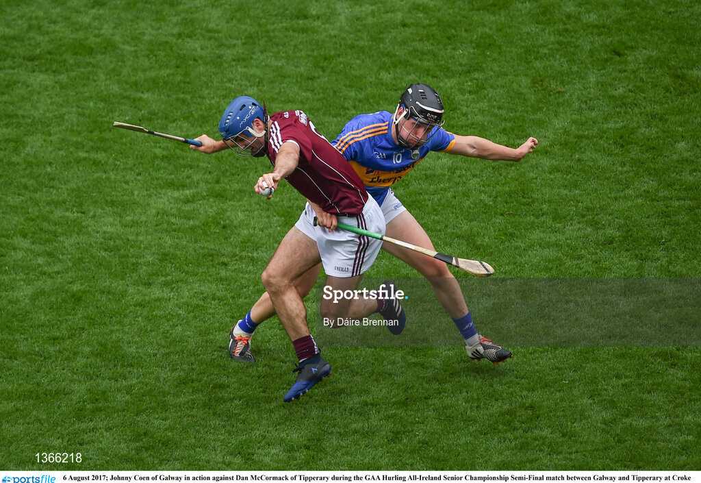6 August 2017; Johnny Coen of Galway in action against Dan McCormack of Tipperary during the GAA Hurling All-Ireland Senior Championship Semi-Final match between Galway and Tipperary at Croke Park in Dublin. Photo by Daire Brennan/Sportsfile