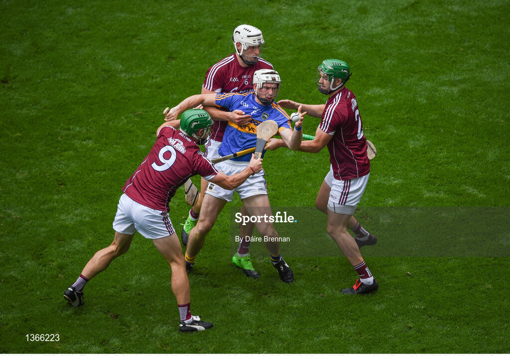 6 August 2017; Brendan Maher of Tipperary in action against Galway players, left to right, David Burke, Gearóid McInerney, and Adrian Tuohey during the GAA Hurling All-Ireland Senior Championship Semi-Final match between Galway and Tipperary at Croke Park in Dublin. Photo by Daire Brennan/Sportsfile