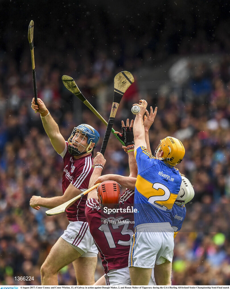 6 August 2017; Conor Cooney and Conor Whelan, 13, of Galway in action against Donagh Maher, 2, and Ronan Maher of Tipperary during the GAA Hurling All-Ireland Senior Championship Semi-Final match between Galway and Tipperary at Croke Park in Dublin. Photo by Ray McManus/Sportsfile