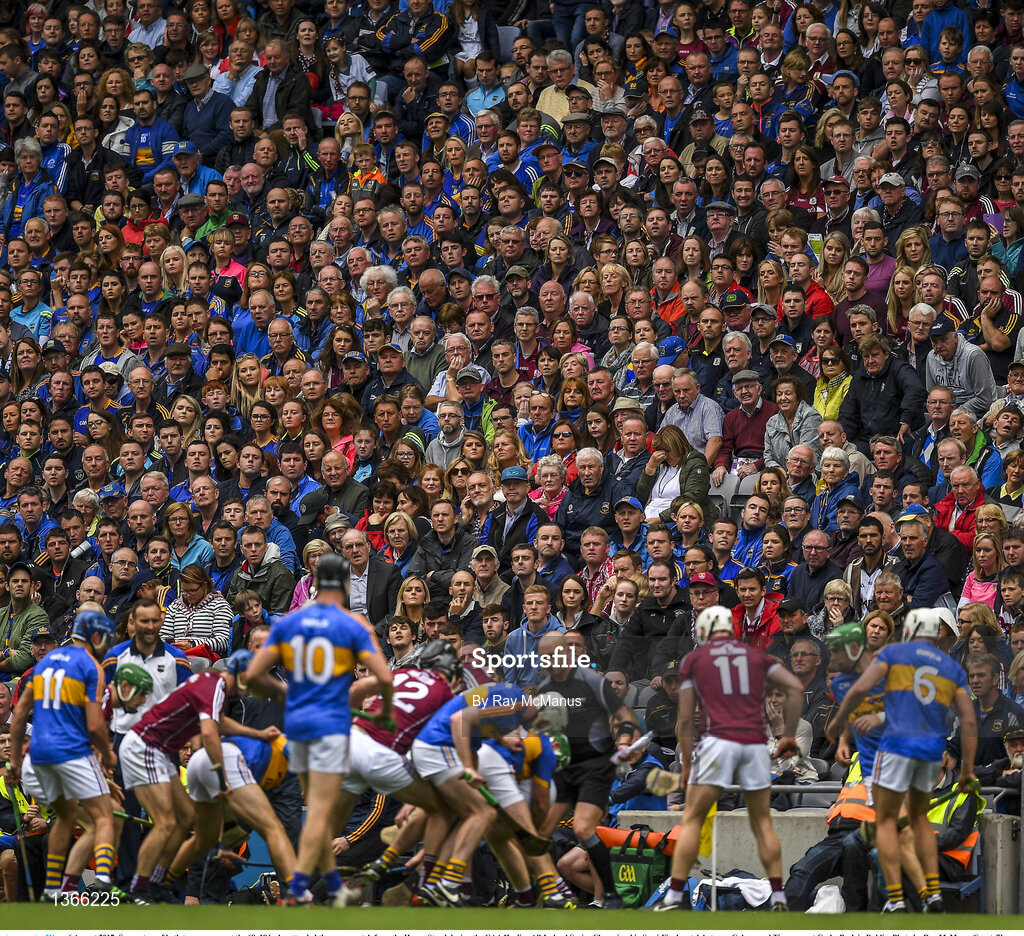 6 August 2017; Supporters of both teams, amongst the 68, 184 who attended the game, watch from the Hogan Stand during the GAA Hurling All-Ireland Senior Championship Semi-Final match between Galway and Tipperary at Croke Park in Dublin. Photo by Ray McManus/Sportsfile