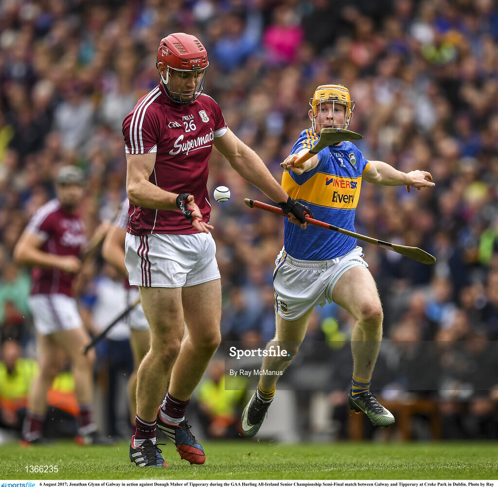 6 August 2017; Jonathan Glynn of Galway in action against Donagh Maher of Tipperary during the GAA Hurling All-Ireland Senior Championship Semi-Final match between Galway and Tipperary at Croke Park in Dublin. Photo by Ray McManus/Sportsfile