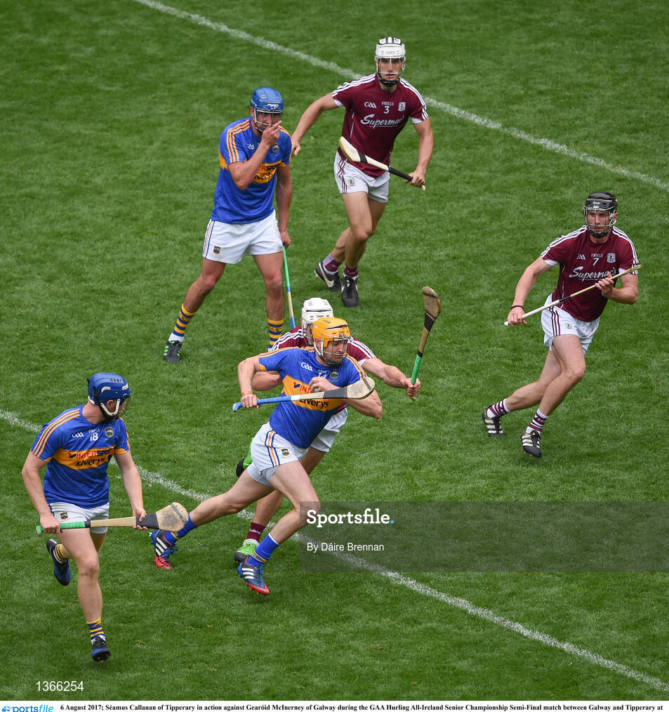 6 August 2017; Séamus Callanan of Tipperary in action against Gearóid McInerney of Galway during the GAA Hurling All-Ireland Senior Championship Semi-Final match between Galway and Tipperary at Croke Park in Dublin. Photo by Daire Brennan/Sportsfile