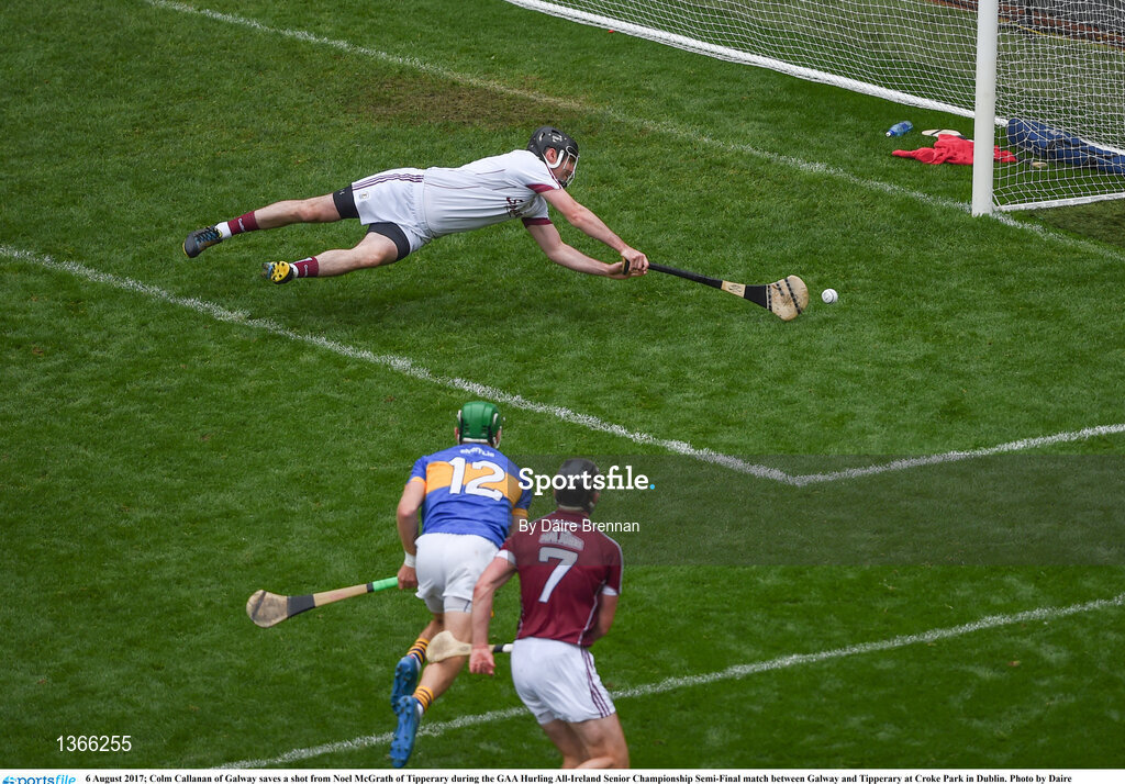 6 August 2017; Colm Callanan of Galway saves a shot from Noel McGrath of Tipperary during the GAA Hurling All-Ireland Senior Championship Semi-Final match between Galway and Tipperary at Croke Park in Dublin. Photo by Daire Brennan/Sportsfile
