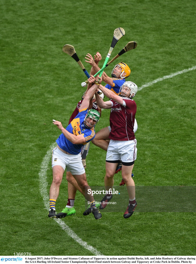 6 August 2017; John O'Dwyer, and Séamus Callanan of Tipperary in action against Daithí Burke, left, and John Hanbury of Galway during the GAA Hurling All-Ireland Senior Championship Semi-Final match between Galway and Tipperary at Croke Park in Dublin. Photo by Daire Brennan/Sportsfile