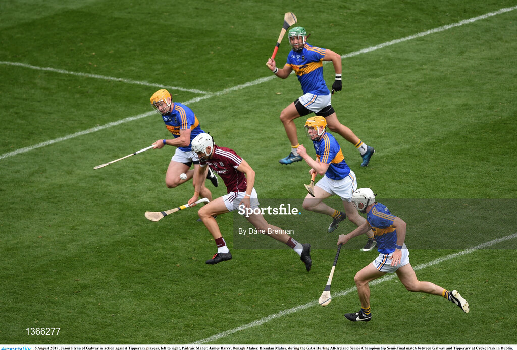 6 August 2017; Jason Flynn of Galway in action against Tipperary players, left to right, Pádraic Maher, James Barry, Donagh Maher, Brendan Maher, during the GAA Hurling All-Ireland Senior Championship Semi-Final match between Galway and Tipperary at Croke Park in Dublin. Photo by Daire Brennan/Sportsfile