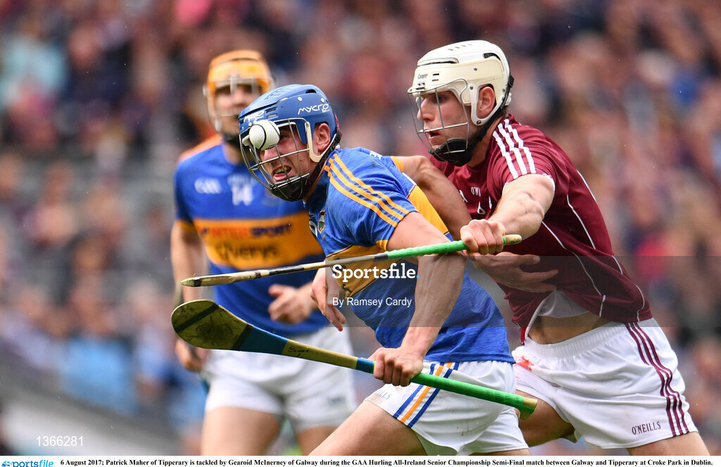 6 August 2017; Patrick Maher of Tipperary is tackled by Gearoid McInerney of Galway during the GAA Hurling All-Ireland Senior Championship Semi-Final match between Galway and Tipperary at Croke Park in Dublin. Photo by Ramsey Cardy/Sportsfile