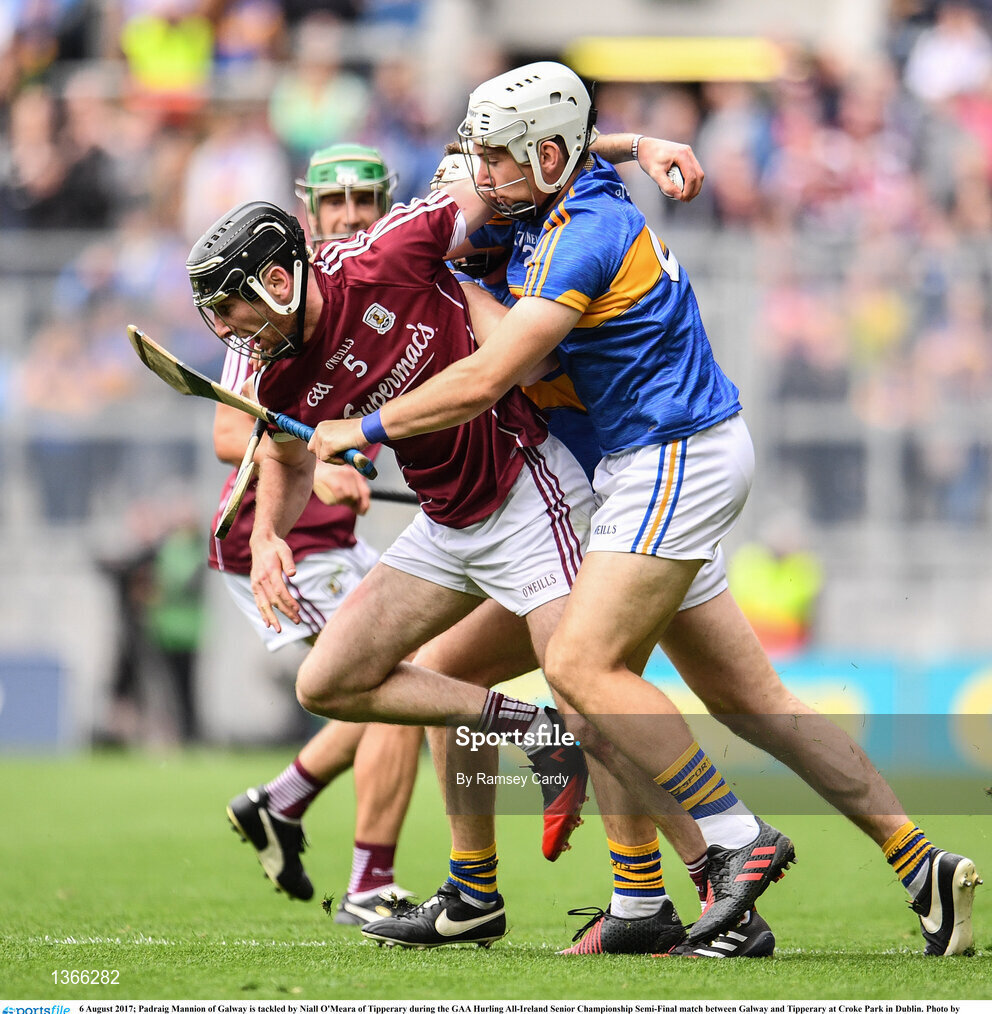 6 August 2017; Padraig Mannion of Galway is tackled by Niall O'Meara of Tipperary during the GAA Hurling All-Ireland Senior Championship Semi-Final match between Galway and Tipperary at Croke Park in Dublin. Photo by Ramsey Cardy/Sportsfile
