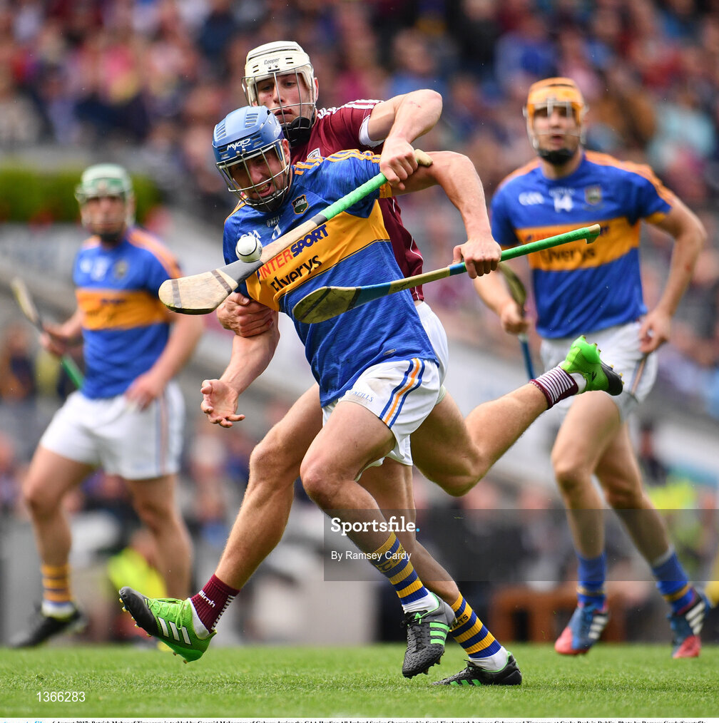 6 August 2017; Patrick Maher of Tipperary is tackled by Gearoid McInerney of Galway during the GAA Hurling All-Ireland Senior Championship Semi-Final match between Galway and Tipperary at Croke Park in Dublin. Photo by Ramsey Cardy/Sportsfile