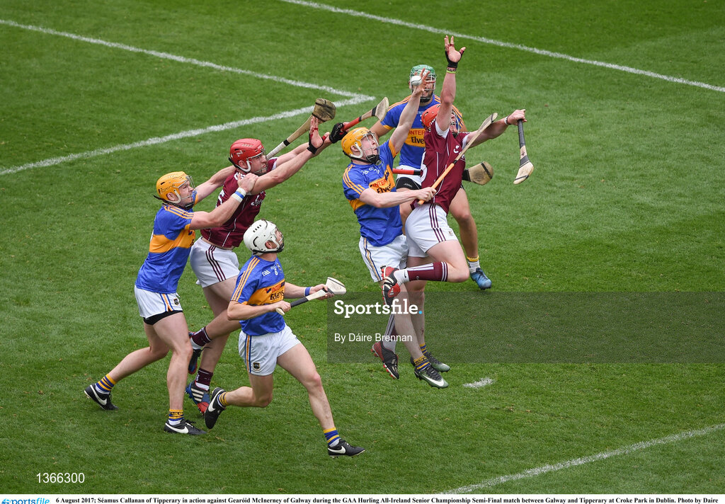 6 August 2017; Séamus Callanan of Tipperary in action against Gearóid McInerney of Galway during the GAA Hurling All-Ireland Senior Championship Semi-Final match between Galway and Tipperary at Croke Park in Dublin. Photo by Daire Brennan/Sportsfile