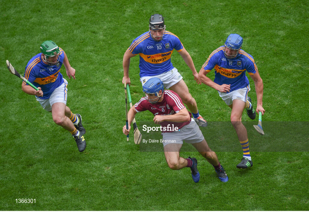 6 August 2017; Johnny Coen of Galway in action against Tipperary players, left to right, John O'Dwyer, Dan McCormack, and Patrick Maher during the GAA Hurling All-Ireland Senior Championship Semi-Final match between Galway and Tipperary at Croke Park in Dublin. Photo by Daire Brennan/Sportsfile