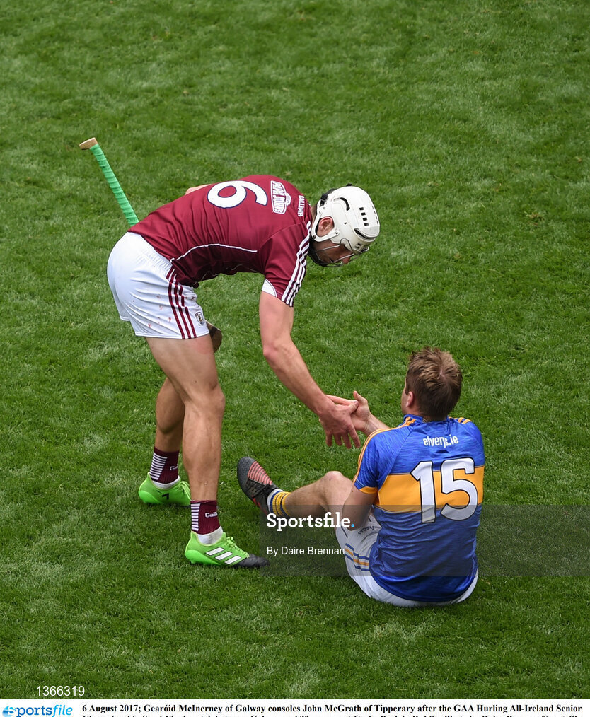 6 August 2017; Gearóid McInerney of Galway consoles John McGrath of Tipperary after the GAA Hurling All-Ireland Senior Championship Semi-Final match between Galway and Tipperary at Croke Park in Dublin. Photo by Daire Brennan/Sportsfile