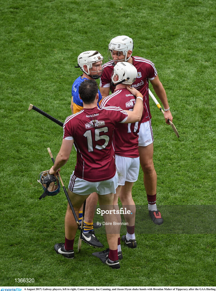 6 August 2017; Galway players, left to right, Conor Cooney, Joe Canning, and Jason Flynn shake hands with Brendan Maher of Tipperary after the GAA Hurling All-Ireland Senior Championship Semi-Final match between Galway and Tipperary at Croke Park in Dublin. Photo by Daire Brennan/Sportsfile