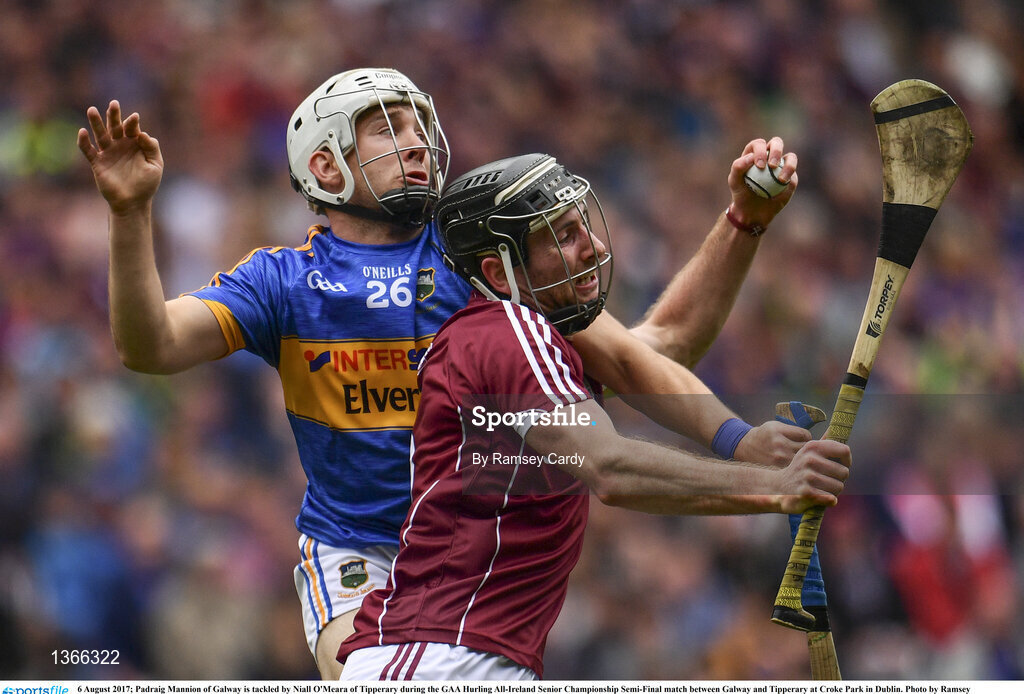6 August 2017; Padraig Mannion of Galway is tackled by Niall O'Meara of Tipperary during the GAA Hurling All-Ireland Senior Championship Semi-Final match between Galway and Tipperary at Croke Park in Dublin. Photo by Ramsey Cardy/Sportsfile