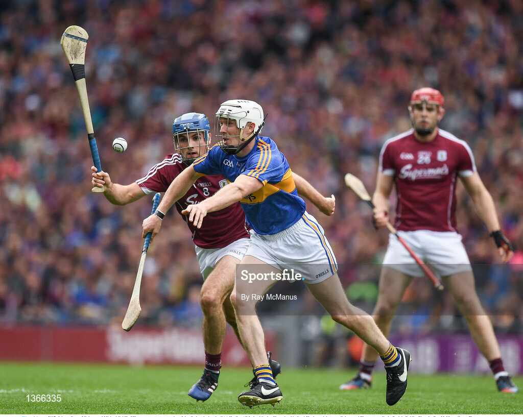 6 August 2017; Johnny Coen of Galway and Michael Cahill of Tipperary contest possession of the sliothar during the GAA Hurling All-Ireland Senior Championship Semi-Final match between Galway and Tipperary at Croke Park in Dublin. Photo by Ray McManus/Sportsfile