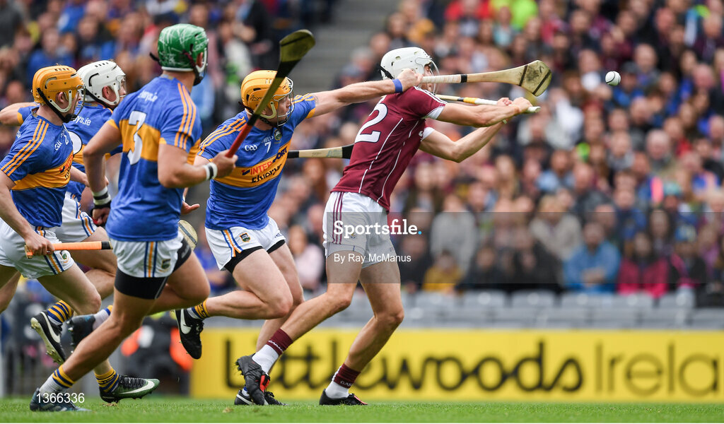 6 August 2017; Jason Flynn of Galwayis tackled by Tipperary captain Padraic Maher, 7, during the GAA Hurling All-Ireland Senior Championship Semi-Final match between Galway and Tipperary at Croke Park in Dublin. Photo by Ray McManus/Sportsfile