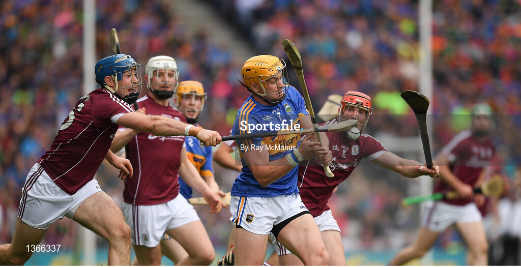 6 August 2017; Padraic Maher of Tipperary is hooked by Conor Cooney of Galway during the GAA Hurling All-Ireland Senior Championship Semi-Final match between Galway and Tipperary at Croke Park in Dublin. Photo by Ray McManus/Sportsfile