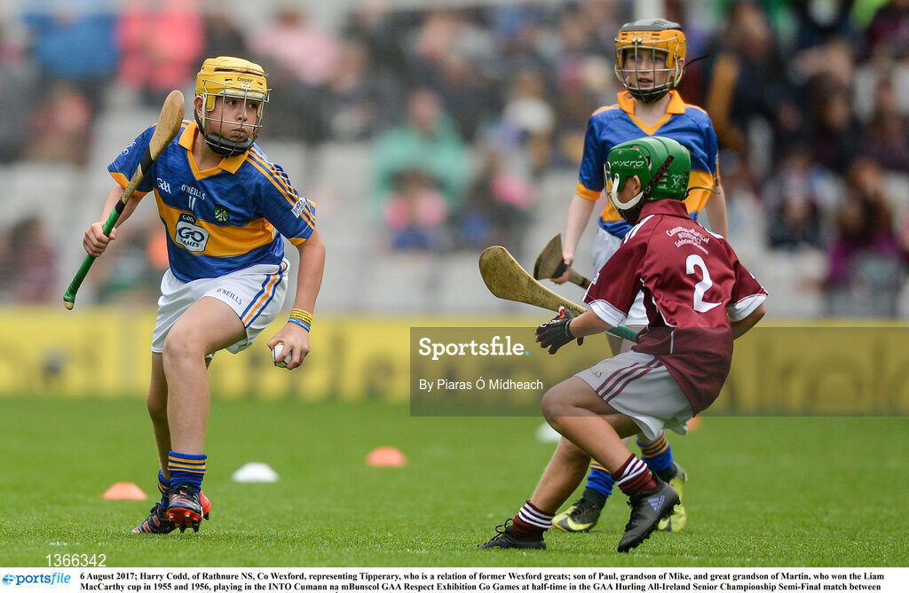 6 August 2017; Harry Codd, of Rathnure NS, Co Wexford, representing Tipperary, who is a relation of former Wexford greats; son of Paul, grandson of Mike, and great grandson of Martin, who won the Liam MacCarthy cup in 1955 and 1956, playing in the INTO Cumann na mBunscol GAA Respect Exhibition Go Games at half-time in the GAA Hurling All-Ireland Senior Championship Semi-Final match between Galway and Tipperary at Croke Park in Dublin. Photo by Piaras Ó Mídheach/Sportsfile