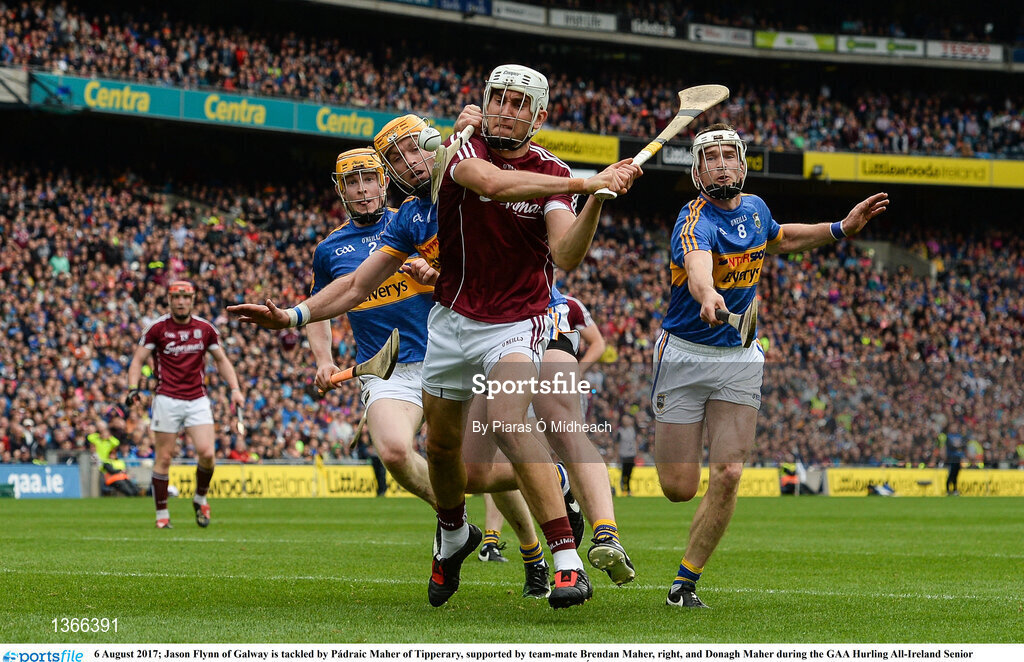 6 August 2017; Jason Flynn of Galway is tackled by Pádraic Maher of Tipperary, supported by team-mate Brendan Maher, right, and Donagh Maher during the GAA Hurling All-Ireland Senior Championship Semi-Final match between Galway and Tipperary at Croke Park in Dublin. Photo by Piaras Ó Mídheach/Sportsfile