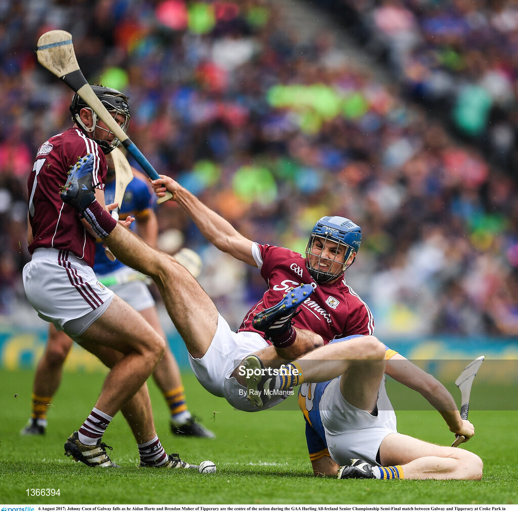 6 August 2017; Johnny Coen of Galway falls as he Aidan Harte and Brendan Maher of Tipperary are the centre of the action during the GAA Hurling All-Ireland Senior Championship Semi-Final match between Galway and Tipperary at Croke Park in Dublin. Photo by Ray McManus/Sportsfile