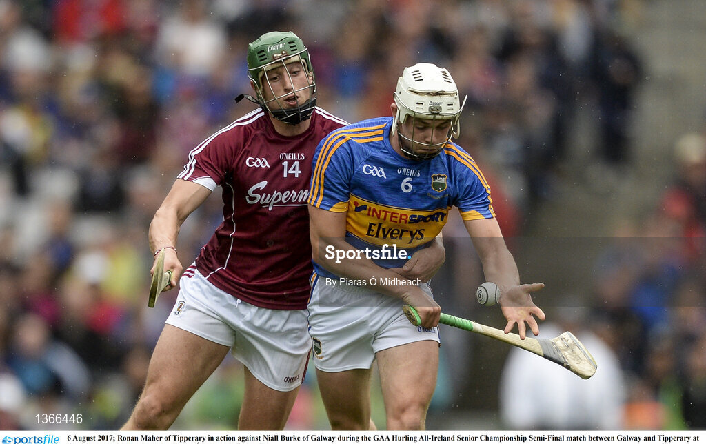 6 August 2017; Ronan Maher of Tipperary in action against Niall Burke of Galway during the GAA Hurling All-Ireland Senior Championship Semi-Final match between Galway and Tipperary at Croke Park in Dublin. Photo by Piaras Ó Mídheach/Sportsfile