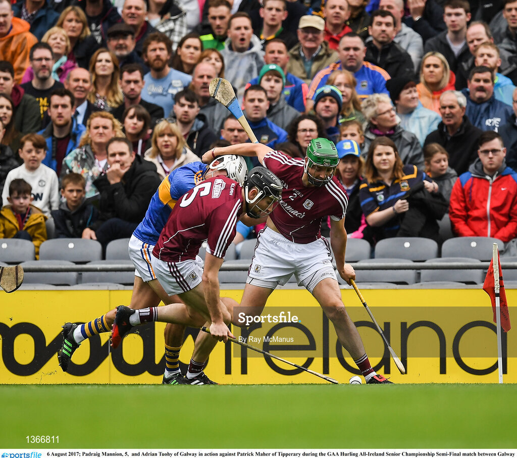 6 August 2017; Padraig Mannion, 5,  and Adrian Tuohy of Galway in action against Patrick Maher of Tipperary during the GAA Hurling All-Ireland Senior Championship Semi-Final match between Galway and Tipperary at Croke Park in Dublin. Photo by Ray McManus/Sportsfile