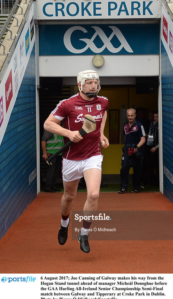 6 August 2017; Joe Canning of Galway makes his way from the Hogan Stand tunnel ahead of manager Mícheál Donoghue before the GAA Hurling All-Ireland Senior Championship Semi-Final match between Galway and Tipperary at Croke Park in Dublin. Photo by Piaras Ó Mídheach/Sportsfile