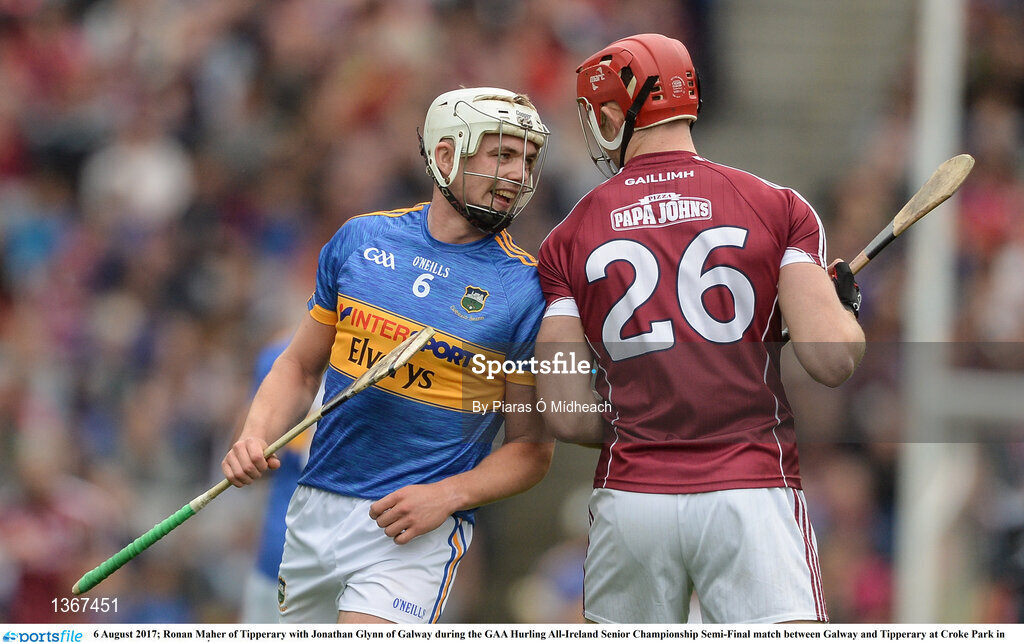 6 August 2017; Ronan Maher of Tipperary with Jonathan Glynn of Galway during the GAA Hurling All-Ireland Senior Championship Semi-Final match between Galway and Tipperary at Croke Park in Dublin. Photo by Piaras Ó Mídheach/Sportsfile